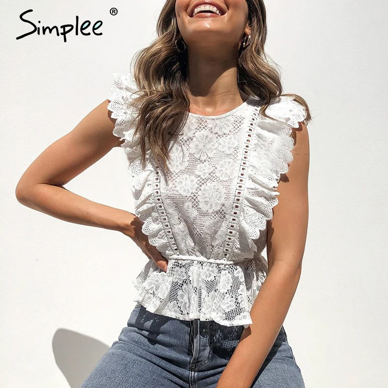 Simplee кружевная вышивка женская майка Топы с рюшами полый шею peplum женские Летние