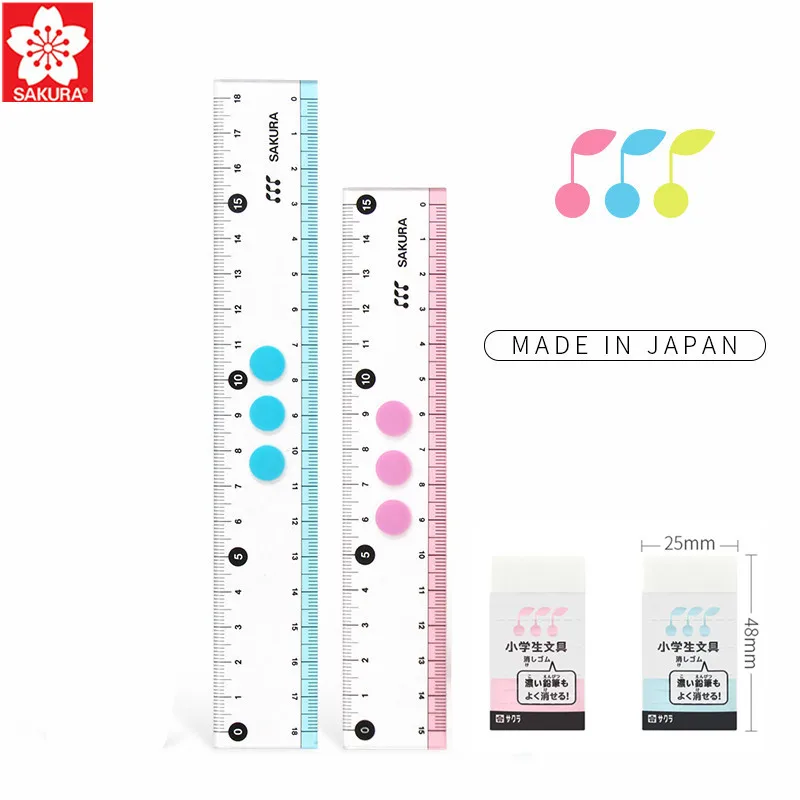 

Japan Sakura Straight Ruler 15/18cm Plastic Transparent Primary School Student Soft Eraser Blue Pink Students Supplies