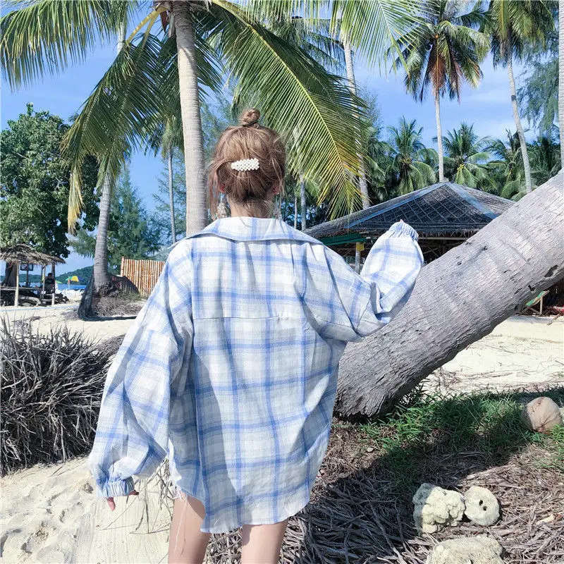 

Shirts Women Spring Plaid Lantern Sleeve Turn-down Collar Shirt Female Loose Casual Sunproof Chic Korean Style All-match Student