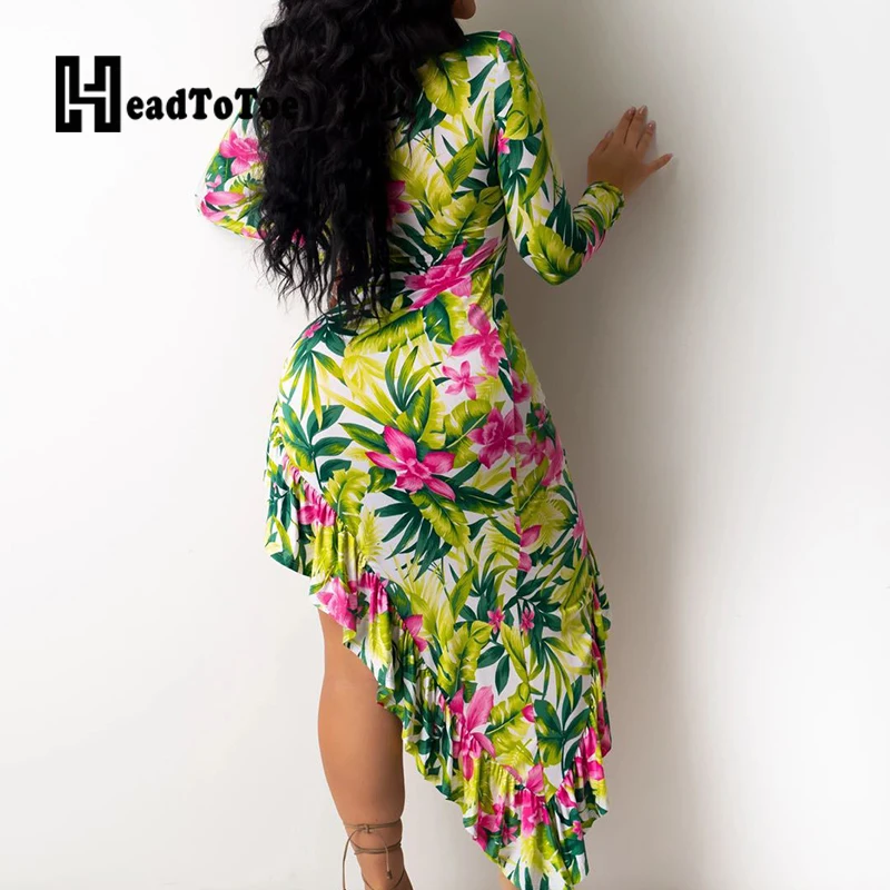 

Sexy Cut Out Front Floral Printed Irregular Ruffles Beach Dress Women Long Sleeve Casual Holiday Summer Dress