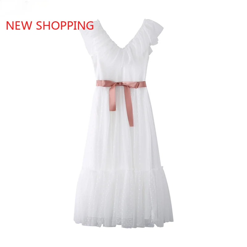 

Women Vintage Long Dress Floral V-Neck Polka Dots Mesh Sleeveless Ruffles Belt Pleated Dresses Elegant Sexy Chic Dress White