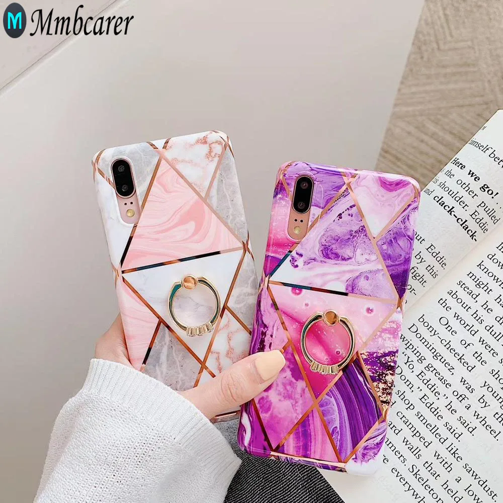Покрытие геометрический мраморный чехол для телефона с кольцом Huawei P40 Pro P30 P20 Lite