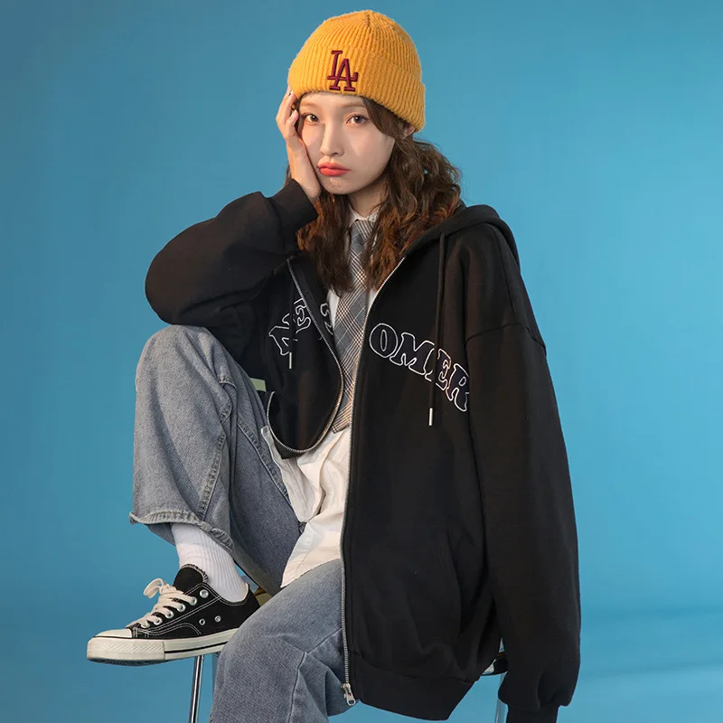

2021 Autumn Winter New Fashion Embroidery Round Neck Long Sleeve Sweatshirt Women Loose Retro All-match Zipper Cardigan Jacket
