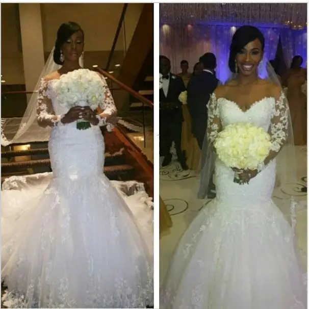 

Long Sleeve Wedding Dresses Sexy Mermaid Lace Applique Beaded Sparkle Floor Length Bridal Gowns Plus Size 2021