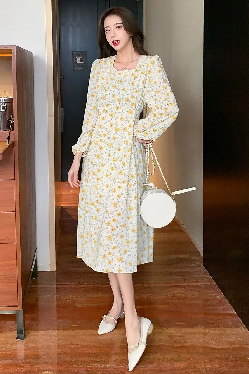 

COIGARSAM Floral Print Women dress New Spring High Waist Dresses White Black Flower 6349