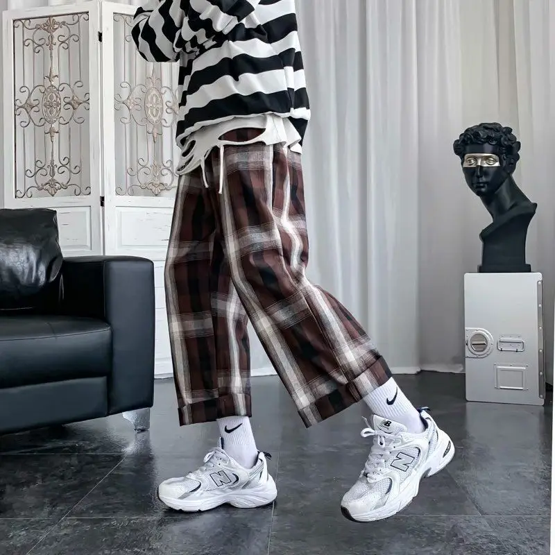 

HOUZHOU Casual Plaid Pants for Men Summer Wide Leg Pants Men Harajuku Japanese Streetwear Fashion Trousers Male Teens Oversize