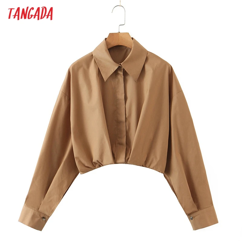 

Женская винтажная однотонная Укороченная рубашка Tangada с длинным рукавом 2021 шикарная женская уличная Свободная рубашка SL415