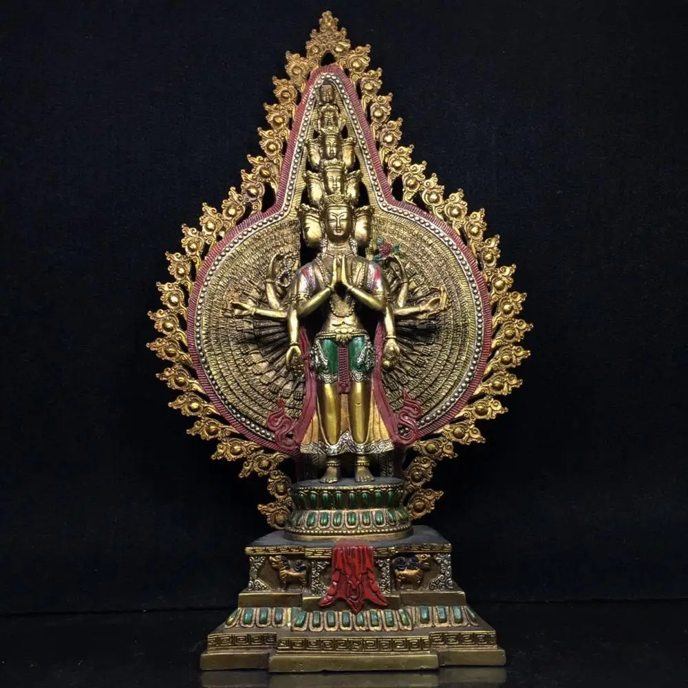 

Wedding Decoration 16" Chinese Tibetan Buddhism Bronze painting 1000 armsAvalokitesvara statue Bodhisattva Buddha statue