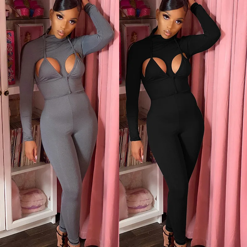 

Sexy Nightclub Wear Women Hollow Out Jumpsuits Autumn Lady's Turtleneck Long Sleeve Skinny High Elastic Patchwork Rompers