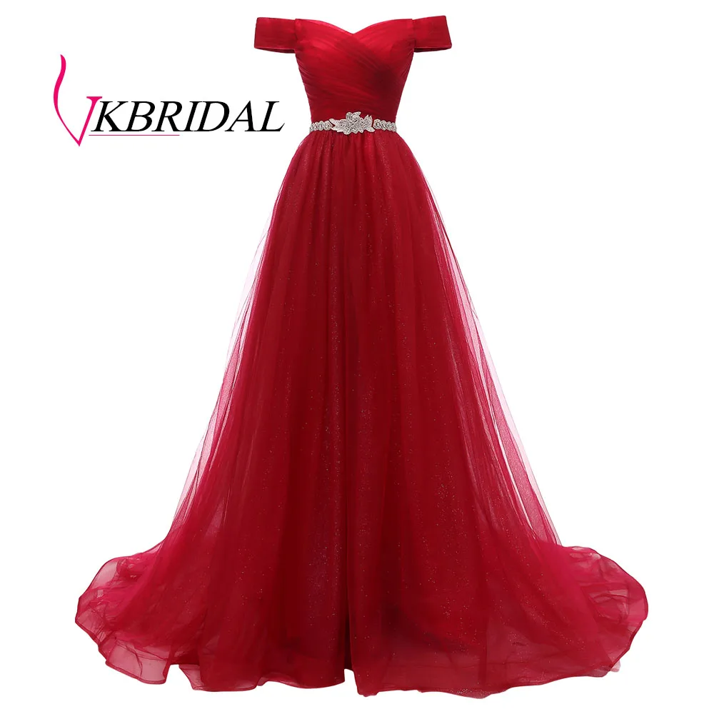 Красный VKBRIDAL, Красное длинное вечернее платье с открытыми плечами и поясом, расшитое бисером, винтажные платья для выпускного вечера, vestido de festa, недорогое вечернее платье со шнуровкой на спине - Цвет: Красный