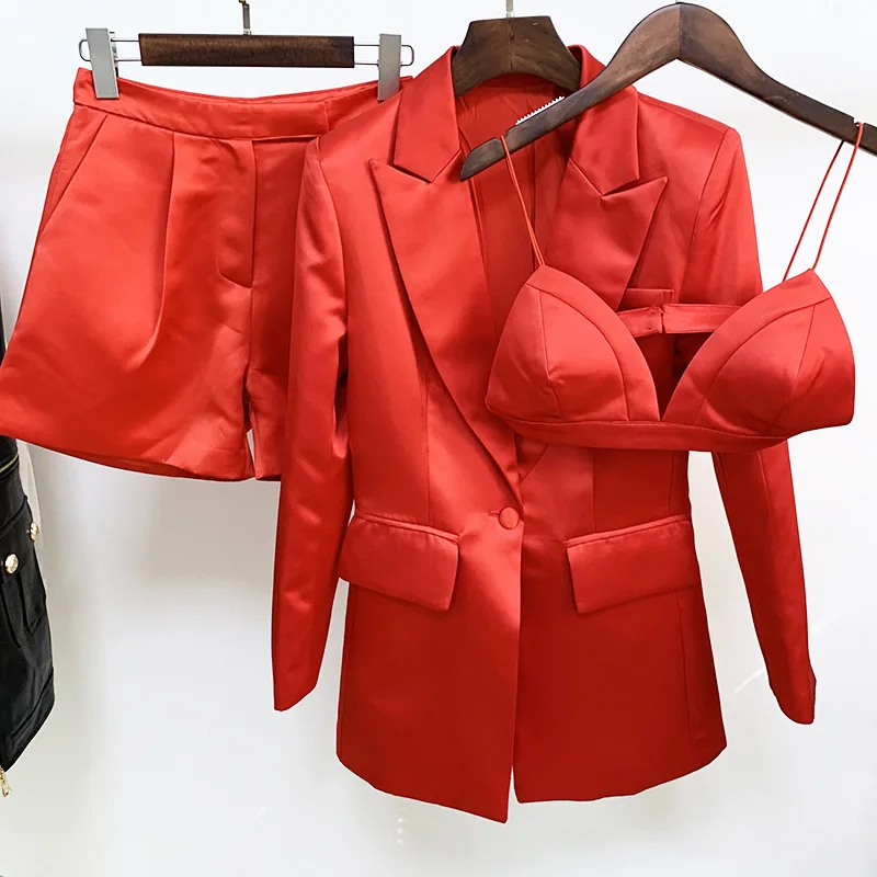 High Street New Trendy Red Three Pieces Bandage Suit Vintage Elegant Sexy V Neck Celebrity Party Satin Blazer Tops Shorts Set