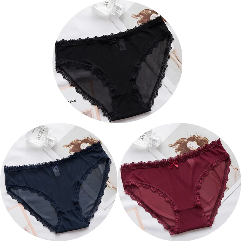Black Blue Red 3 шт Сексуальные Кружевные Трусики бесшовное женское нижнее белье трусы нейлоновая сетка для дам тонкое хлопковое прозрачное белье - Цвет: Black Blue Red