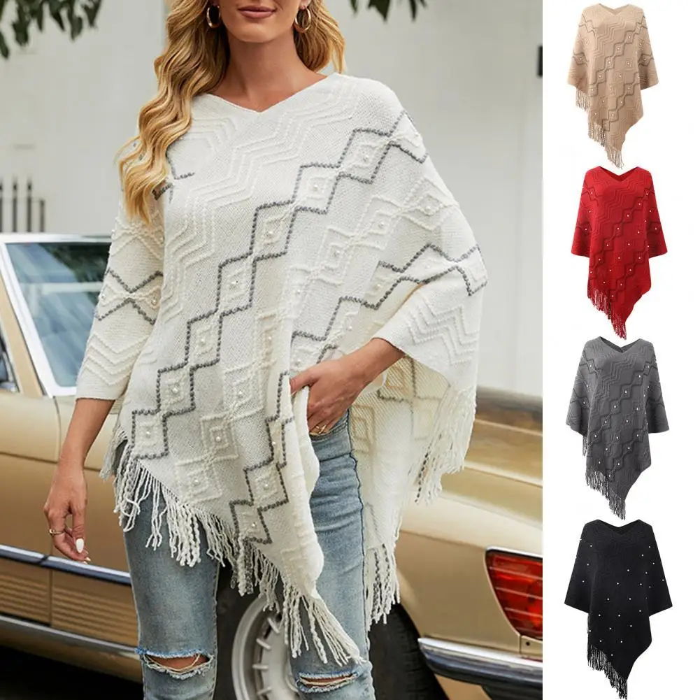 

Women Cape Coat Wavy Stripes Tassel Autumn Winter V Neck Irregular Hem Cloak Beads Coat Sweater for Daily Wear