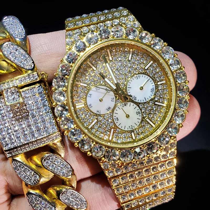 

High Quality Men's Watch 18K Gold Iced Out Quartz Clock Top Brand Luxury Diamond Business Waterproof Luminous Male Wrist Watches