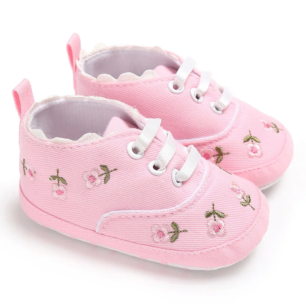 

Newborn Baby Girls Shoes Floral Embroidery First Walker Infant Lace-up Soft Sole Anti-slip Canvas Shoes Summer Autumn 0-18 M