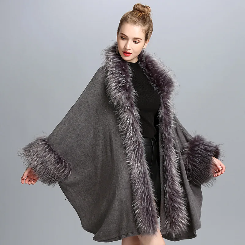 Fashion Luxury Lapel Faux Ostrich Fur Coat Cape Long Women Knit Cashmere Cloak Shawl Cardigan EuropeStyle Fall Winter New | Женская