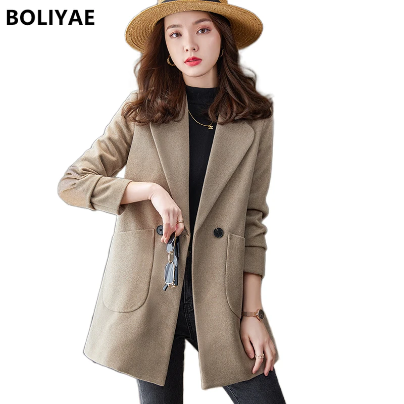 Boliyae 2021 Autumn Winter Coat Women Casual Temperament Overcoat Female Jacket Elegant Black Khaki Long Blazer Top Wool Blends