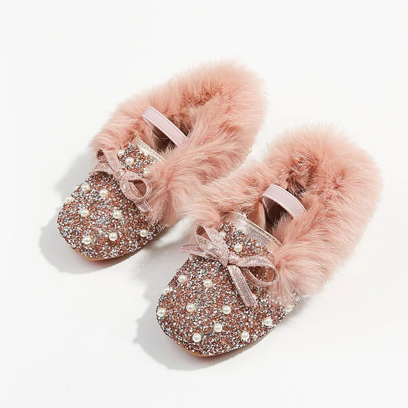 

Autumn Winter Girls Princess Shoes Warm Cotton Plush Fluffy Fur Kids Loafers Sequined Flash Leather Girls Flats Children Loafers