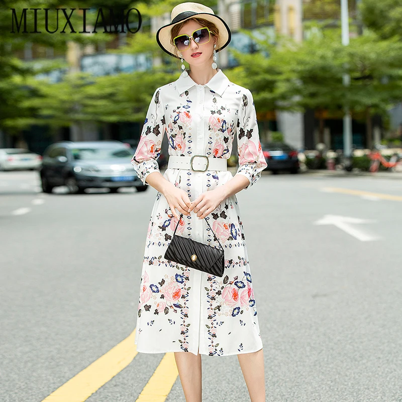 

MIUXIMAO High Quality Europe 2020 Fall Dress Newest Half Sleeve Flower Print Elegant Casual Dress Women Vestidos With Belt
