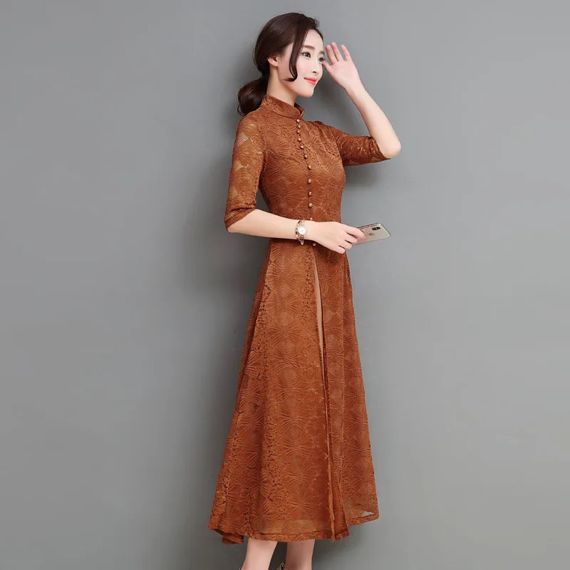 Color4 Вьетнамское платье для женщин, винтажное, восточное, китайское, Qipao, Cheongsams, обтягивающее, облегающее, кружевное, с вышивкой, свадебное, Aodai, одежда - Цвет: Color4
