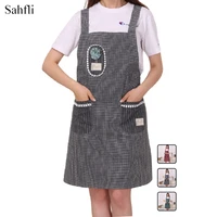 modern simplicity cotton home kitchen antifouling double shoulder strap flowers leaves checkered sleeveless apron double pockets