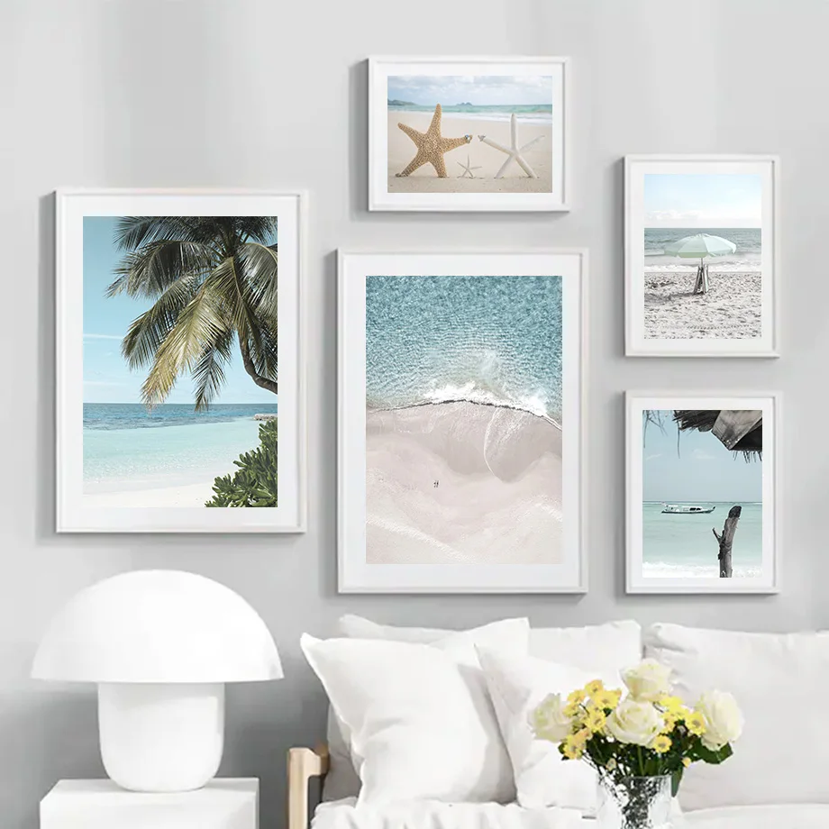 Sea Beach Umbrella Starfish Sailboat Palm Wall Art Canvas Painting Nordic Posters And Prints Pictures For Living Room Decor | Дом и сад