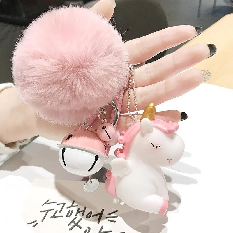 

2021 New Lovely Pompom Keychains Cartoon Silicone Unicorn Key Chain With Artificial Fur Ball Lanyard Women Bag Pendant Car Jewel