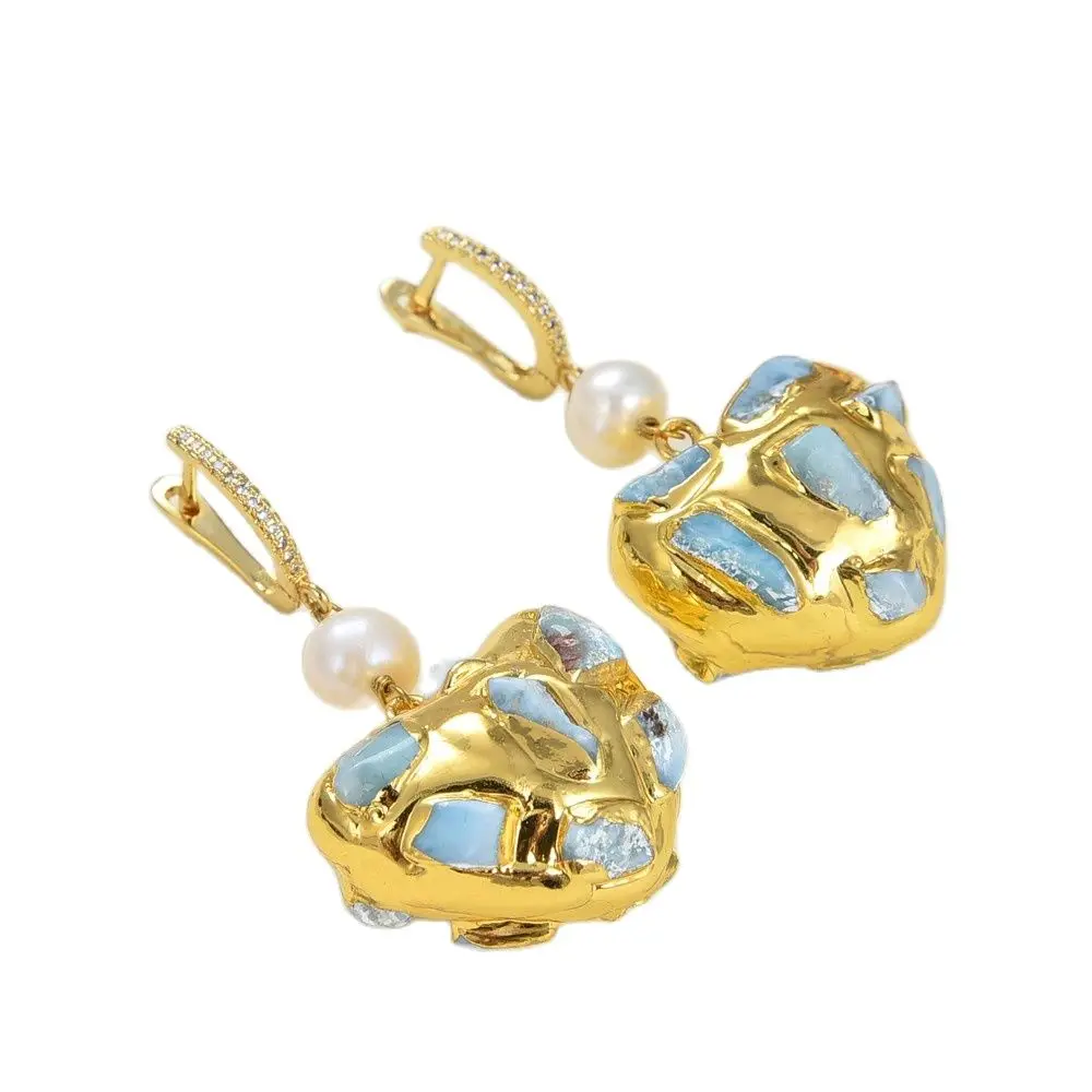 

GG Jewelry Natural Blue Larimar white Pearl Golden Plated Heart-Shaped Dangle Lever back Earrings trendy for women