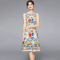 2021 summer runway boho dress women spaghetti strap bohemian blue and white porcelain floral print elegant midi dress n78873
