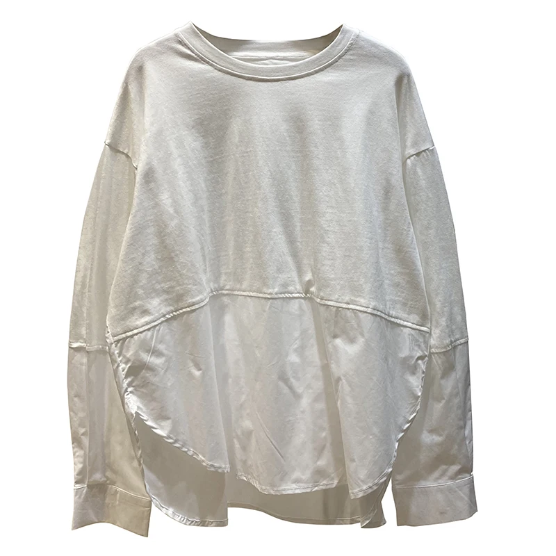 

Spring Western Style Mid-Length Round Neck Shirt Stitching Long Sleeve T-shirt Simple Solid Color Top Trendy Loose Tops