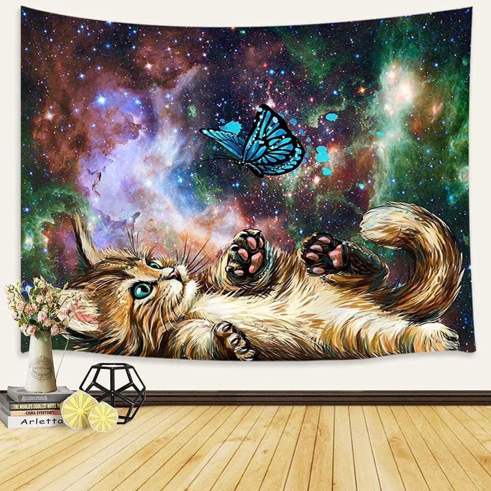 

Cat Wall Tapestry Hippie Cute Cat Strry Night Tapestry Fantasy Animal Kitten Playing with Butterfly Nebula Galaxy Artwork Milky