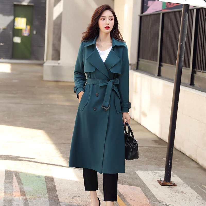 

Осень 2021 Новинка приталенная однотонная куртка на шнуровке средней длины с лацканами до колена корейская офисная ветровка Женская одежда