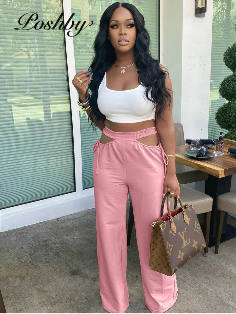 

Poshby Summer Solid Color Sports Casual Wide Leg Pants Fashion Hollow Out Bandage Trousers 2021 Women Streetwear Clothing