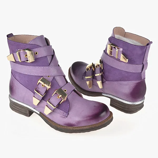 HEFLASHOR Fashion Women Boots Purple Short Ankle Boots Genuine Leather Blue Winter Strapped Buckle Short Boot Women Shoes