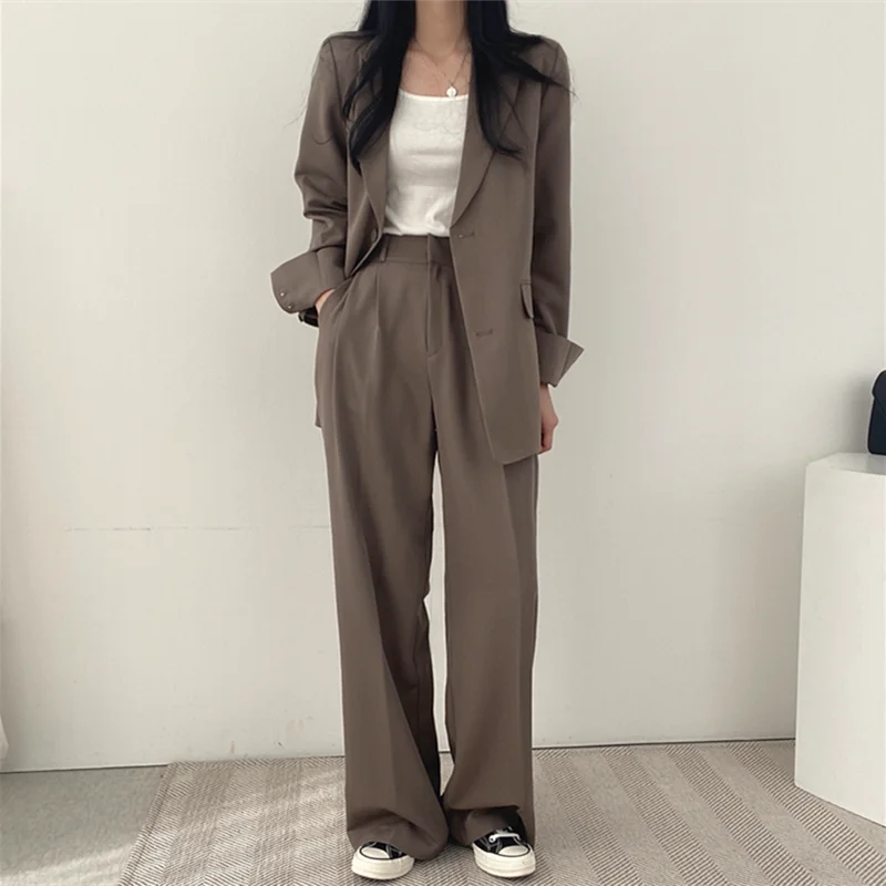 

Office Work Suit For Women'S Classic Notched Collar Blazer With High-Waist Wide-Leg Pants Two-Piece Set Femme Casual Setup