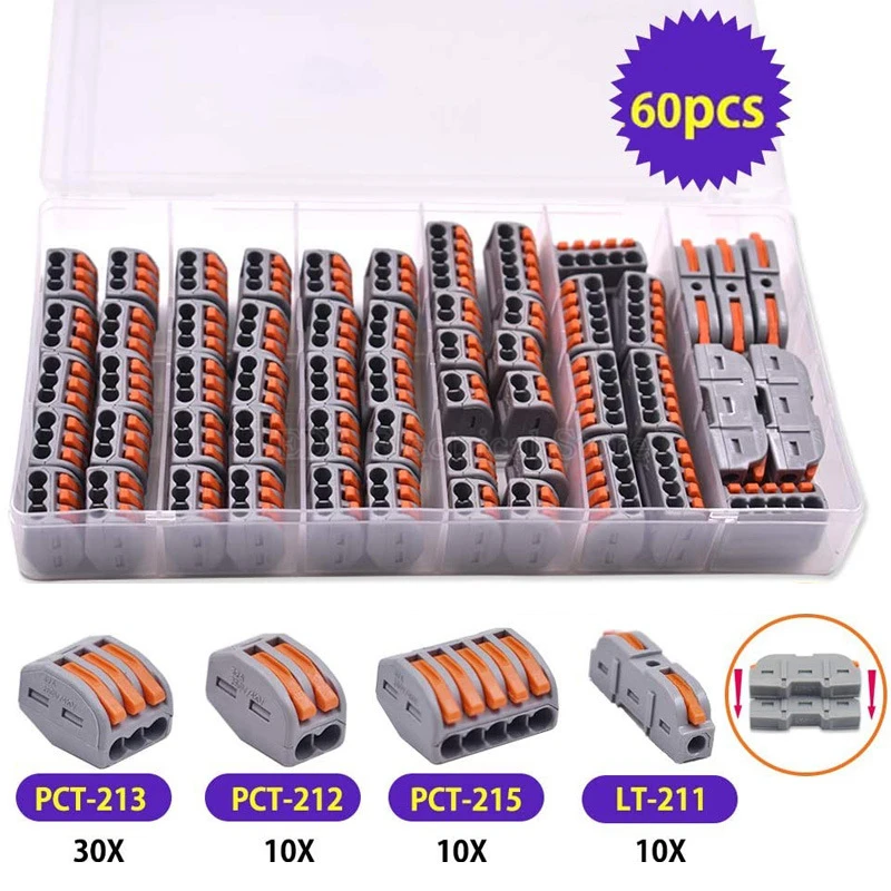 

60Pcs Wire Connector PCT-212 211 213 215 Gray Universal Terminal 0.08-2.5mm Push-in Electrical Terminals for Cable Connection