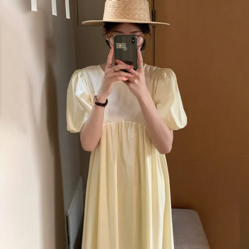 

2021 New Women Summer Yellow Long Folds Dress Puff Sleeve Loose Waist A-line Pullover Holiday Sundress