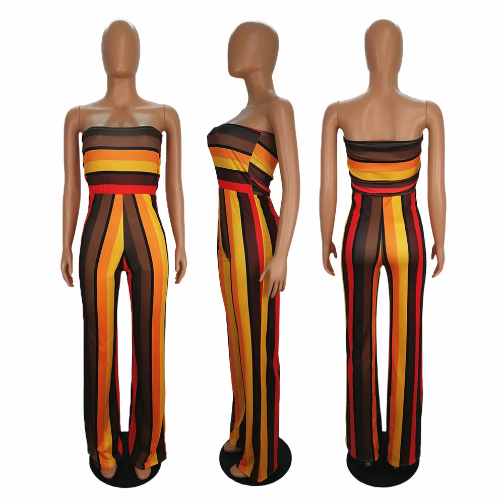 

Multi Color Vertical Striped Women's Rompers Casual Sexy Women Strapless Sleeveless Empire Waist Beach Jumpsuit Overalls