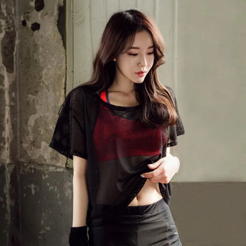 Летняя женская Сетчатая футболка с коротким рукавом для йоги быстросохнущие