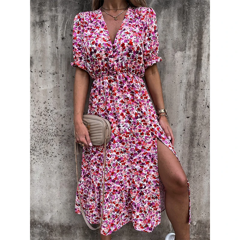 

Women Dress V-Neck Printed Button Ladies Long Slit Clothing 2021Summer New Fashion Outdoor Beach Casual Soft Comfy Female Wear