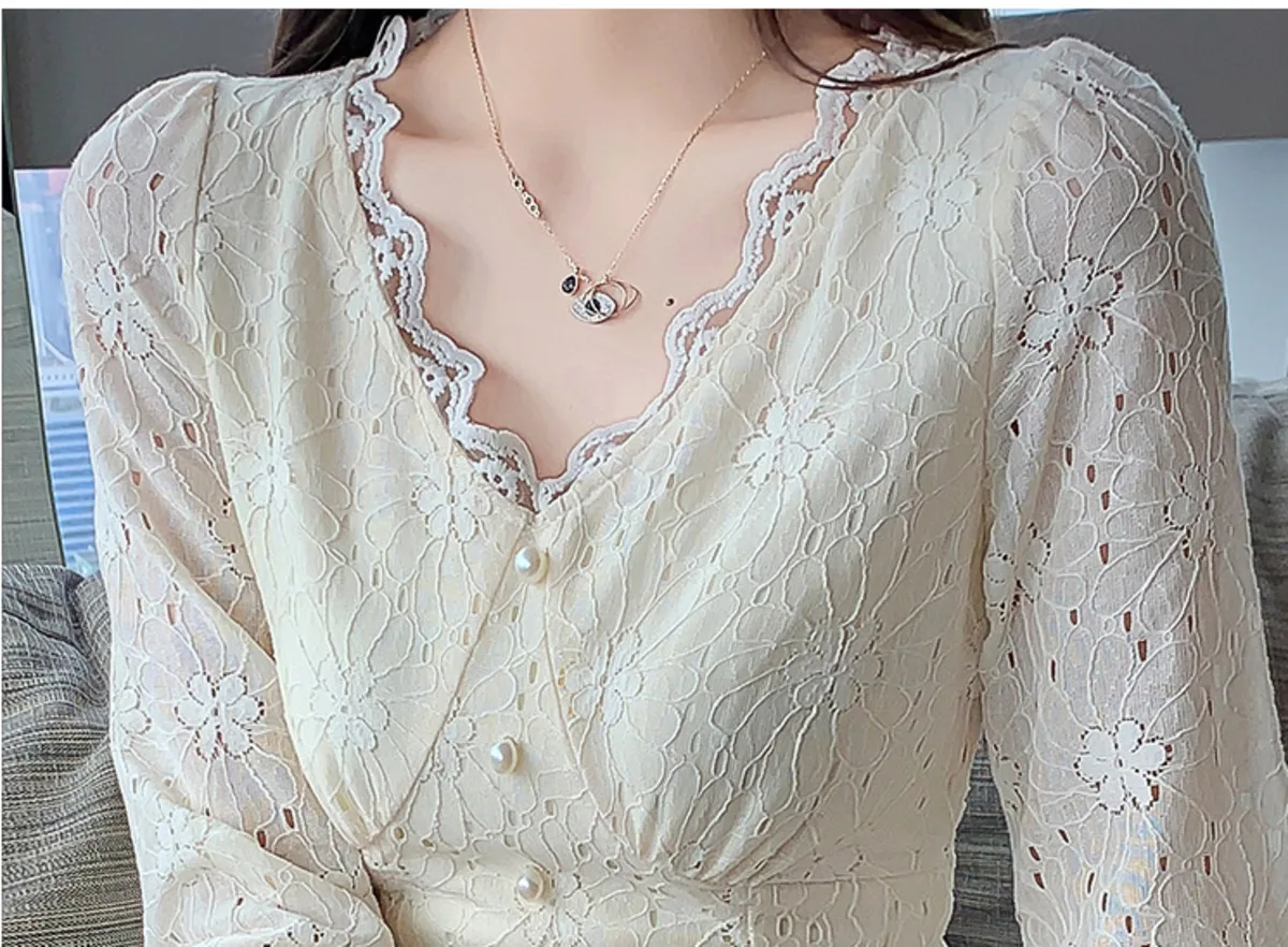 

BacklakeGirls New 2021 Spring Autumn Women Evening Dress Flare Sleeve Patchwork V Neck High-end French Lace Dresses Apricot