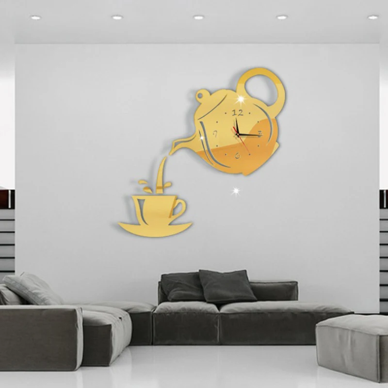 3D Wall Clock Acrylic Coffee Cup Teapots Perfect Art Decorate Modern Wall Hanging Clock For Home MAZI888