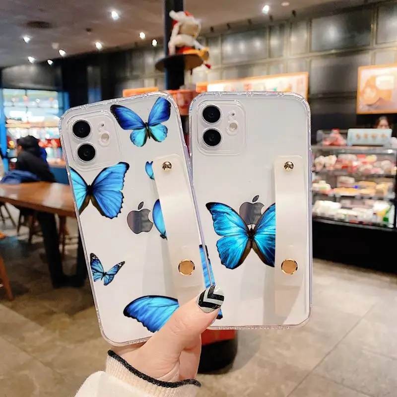 

Blue Butterfly Phone Case for iPhone 11 12 pro mini 7 8 Plus X XS XR Max Cover Hand Band Cases Soft TPU