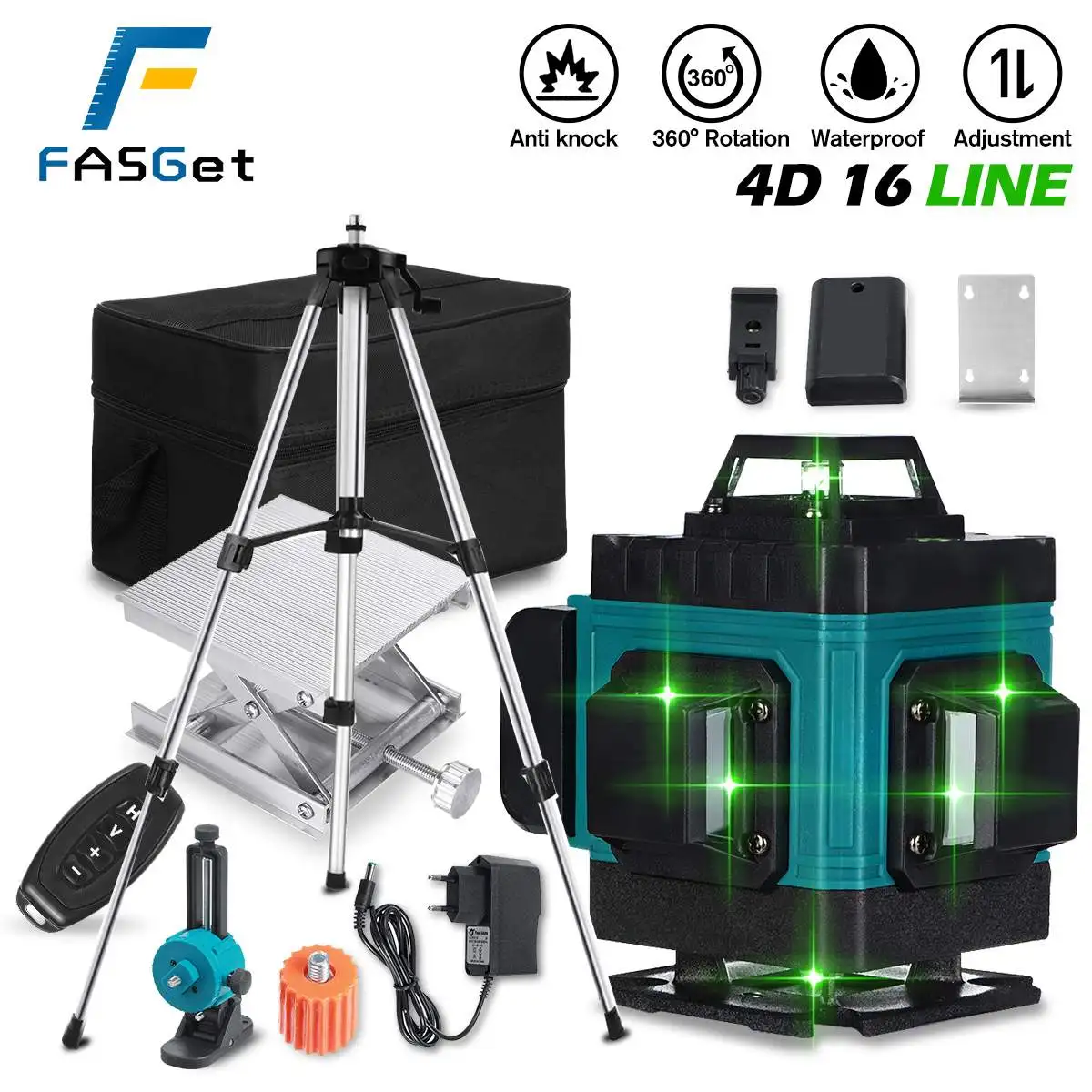 FASGet 16 Lines 4D Laser Level Vertical Horizontal Cross Line Self-leveling Laser Level 360° with Extension Bar Tripod Stand