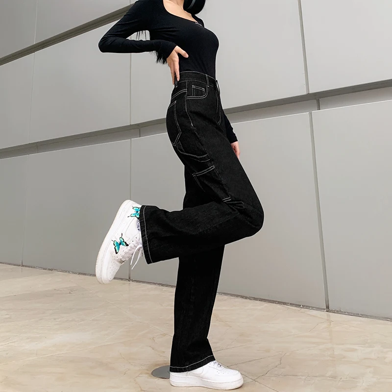 

Stylish Black Straight Y2K Jeans For Girls Fashion 2021Vintage High Waist Women's Denim Pants Trouser Frmale Capris Streetwear