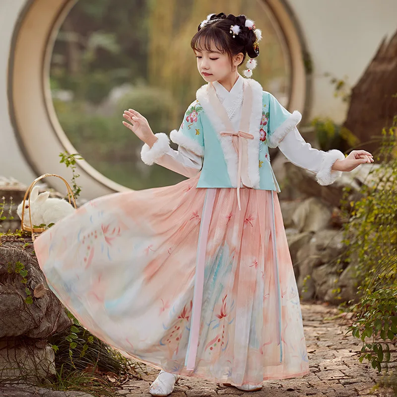 

Traditional Winter Girls Fairy Costume Dress Children Chinese Style Tang Suit Cosplay New Year Outfit Floral Embroidery Hanfu