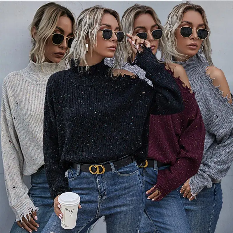 

Winter Knitted Hollow Out Loose Strapless Solid Sweater For Women Turtleneck Pullover Casual Sexy Long Sleeve Ladies Top