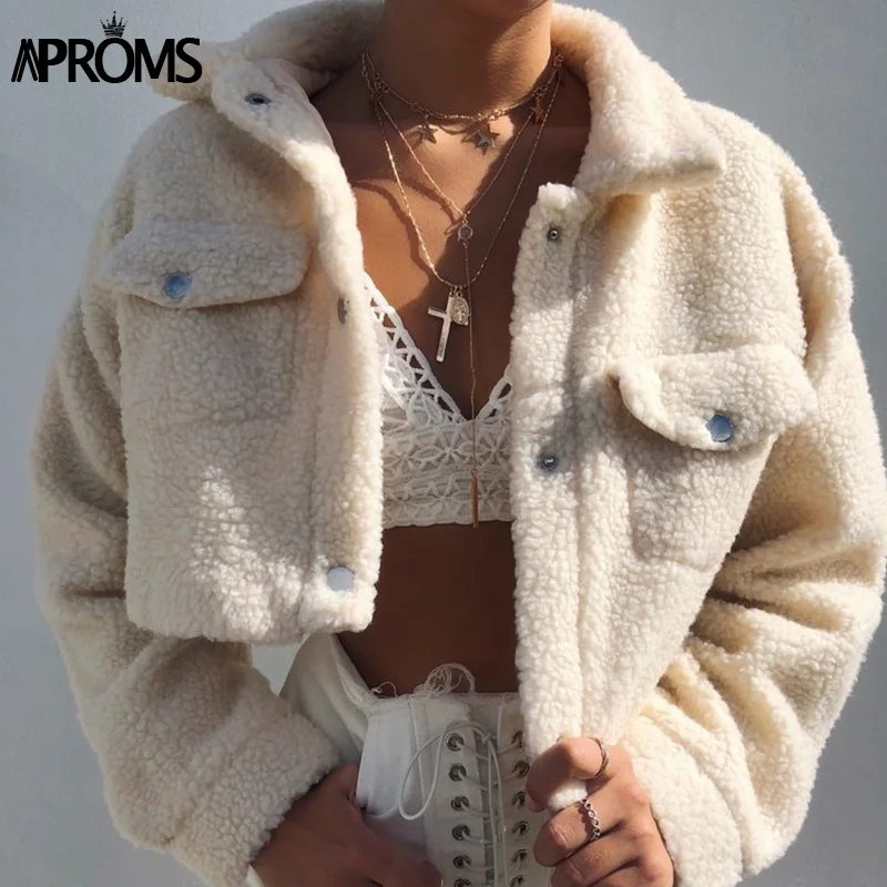 Aproms элегантная однотонная укороченная плюшевая куртка для женщин с передними