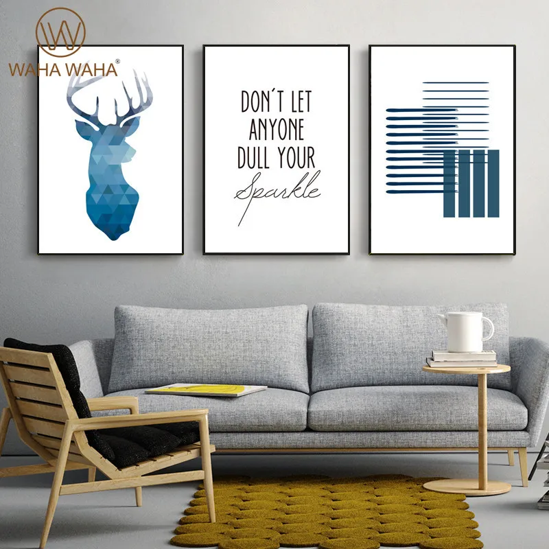 

Painting Canvas Simple Blue Icon Antlers Poster Printing English Alphabet Home Decoration Painting Wall Art Living Room Mural