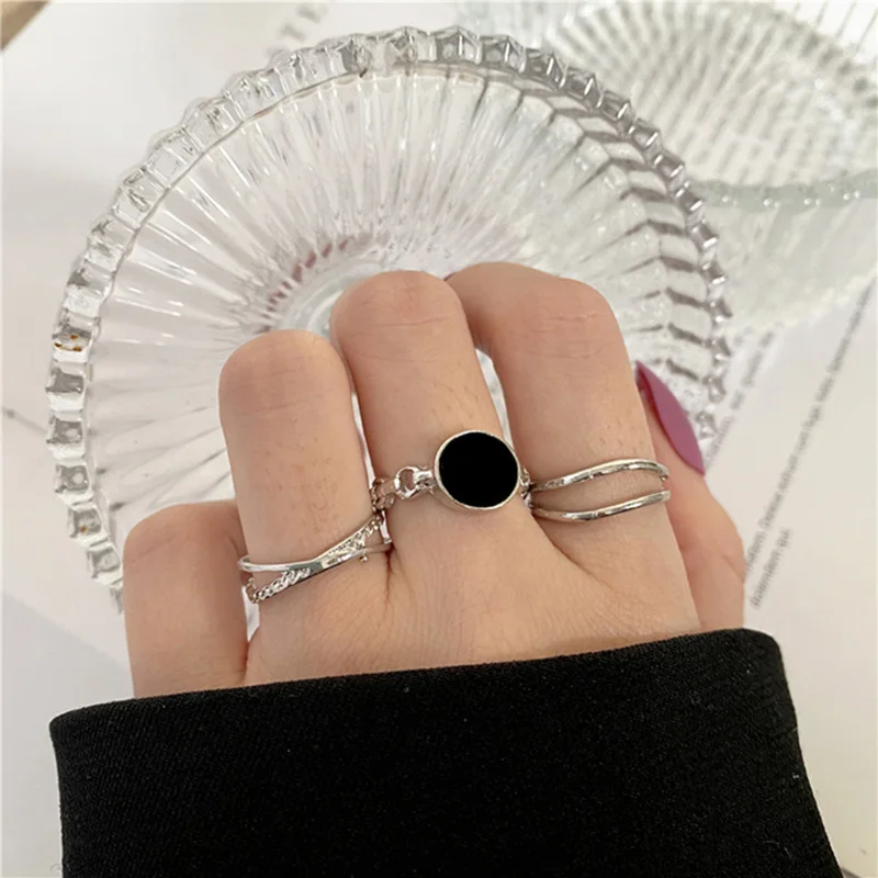 

Fashion Silver Color Metal Alloy Rings Set Women Black Round Drip Oil Finger Ring for Girl Lady Party Wedding Jewelry Gifts